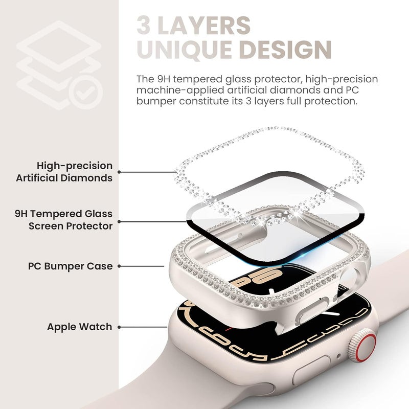Tensea [3pcs for Apple Watch Screen Protector Case 41mm Series 9/8/7 Accessories, iWatch Hard PC Diamond Bumper Case Built-in Tempered Glass Film, Protective Bling Face Cover for Women, 41 mm - Image 4